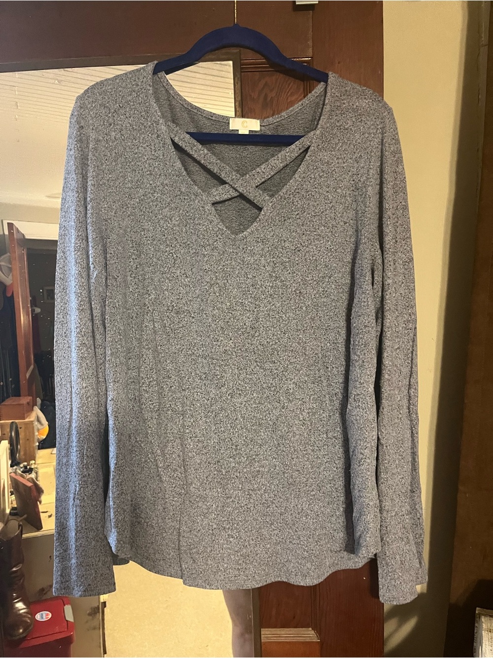 Charming Charlie Heather Gray Crisscross V-Neck Long Sleeve Top
